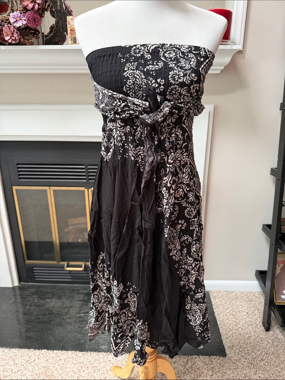 Strapless Black and White Floral Tie-Front Swim Coverup